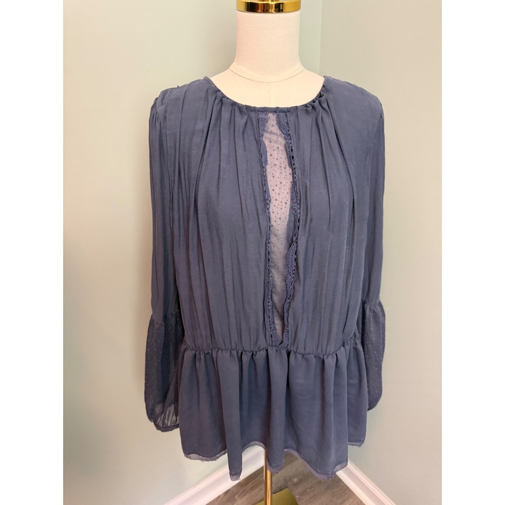 Free People Blue Grey Swiss Dot Lace Trim Peplum Long Sleeve Blouse‎ Top Boho